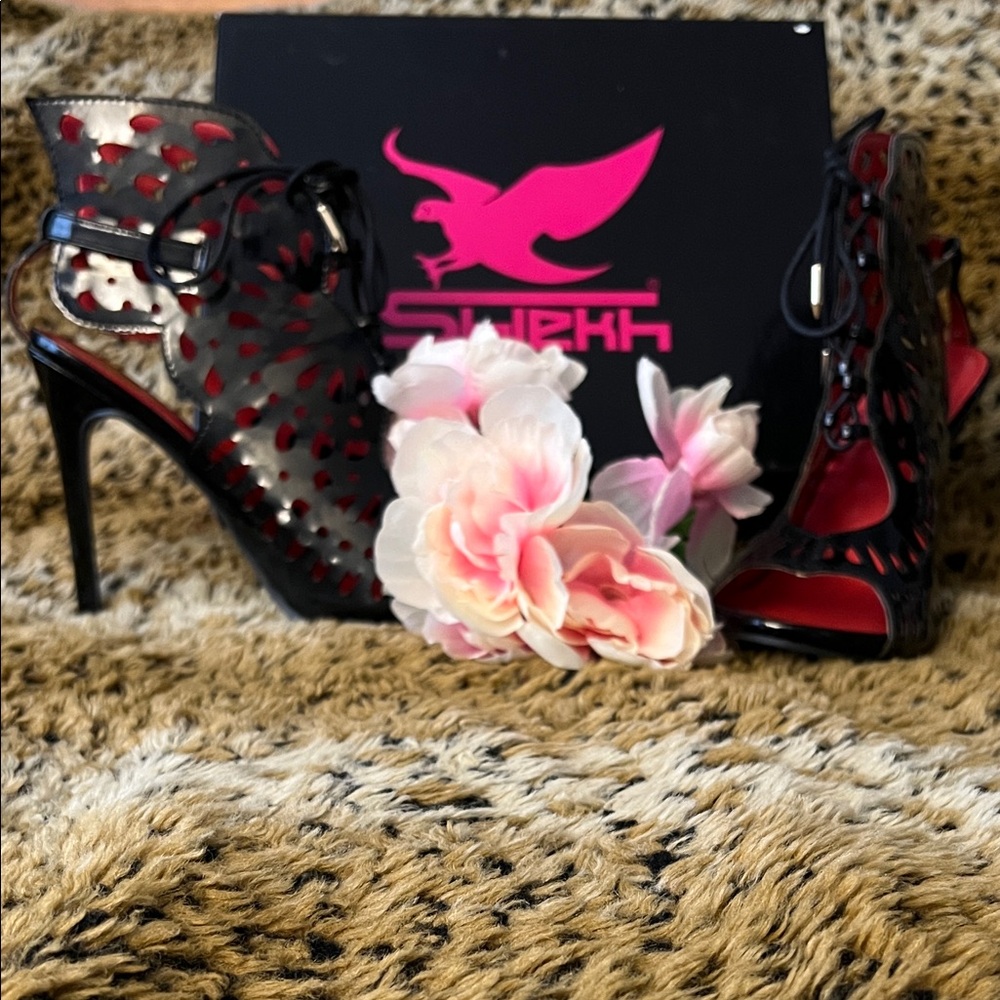 Shiekh Black and Red Lace-Up Heels 5 inch Stiletto with a unique cutout design. - Picture 3 of 8
